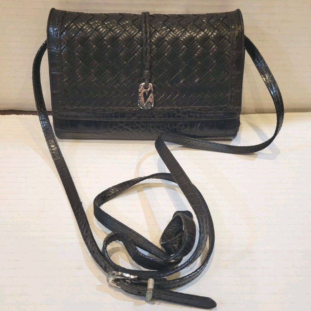 Brighton Crossbody Purse Organizer Brazilian Bree 90s Black Woven & Croc Leather